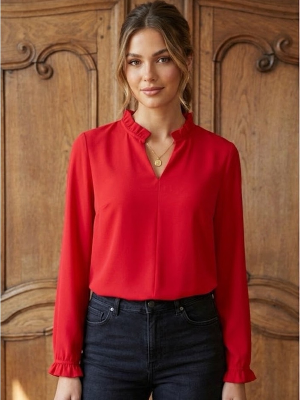 Banana Republic Red Ruffle-Trim Long Sleeve Blouse